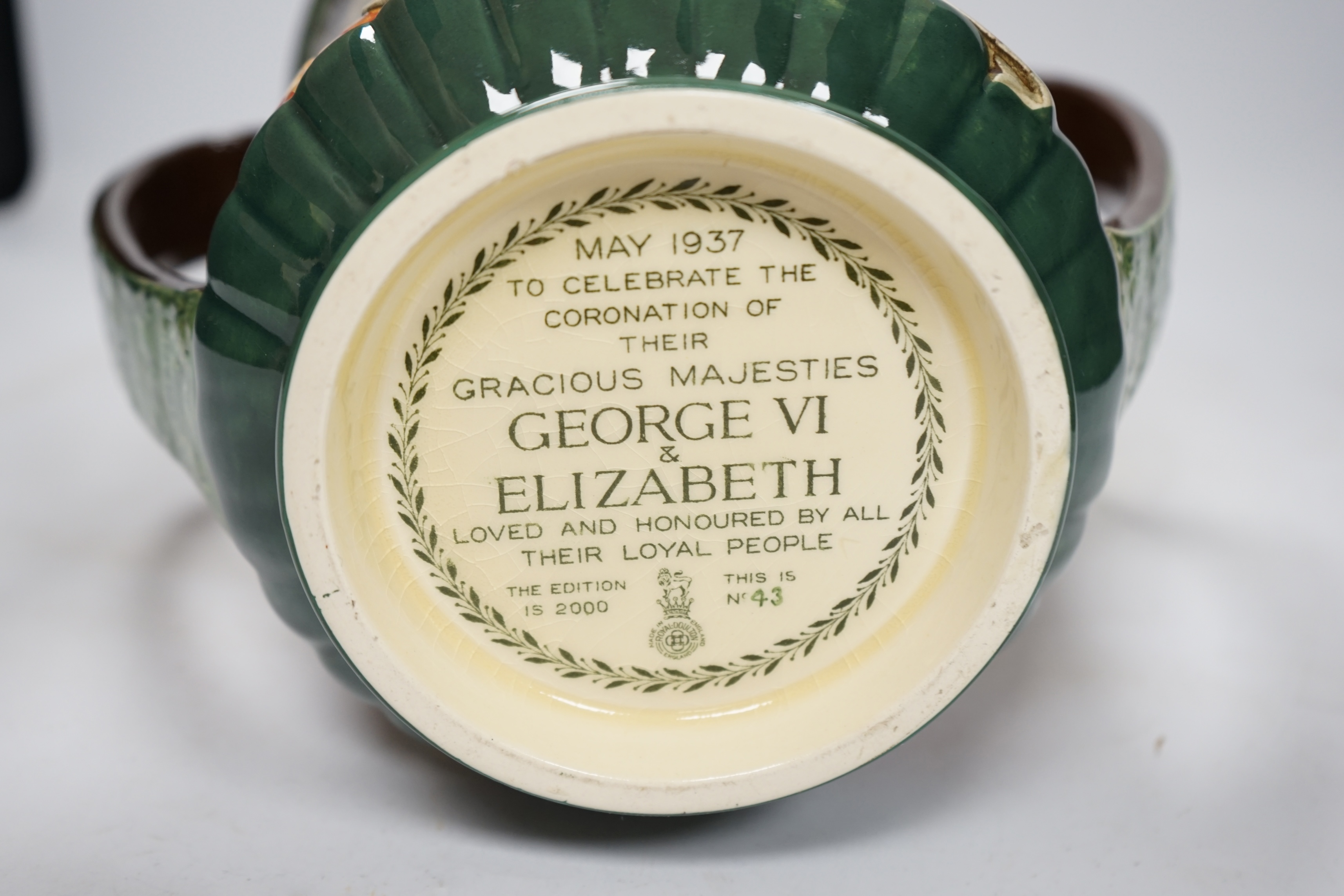 A Doulton commemorative cup, coronation of George VI and Elizabeth, 1937, with certificate signed by C.J. Noke, 26cm high. Condition - good